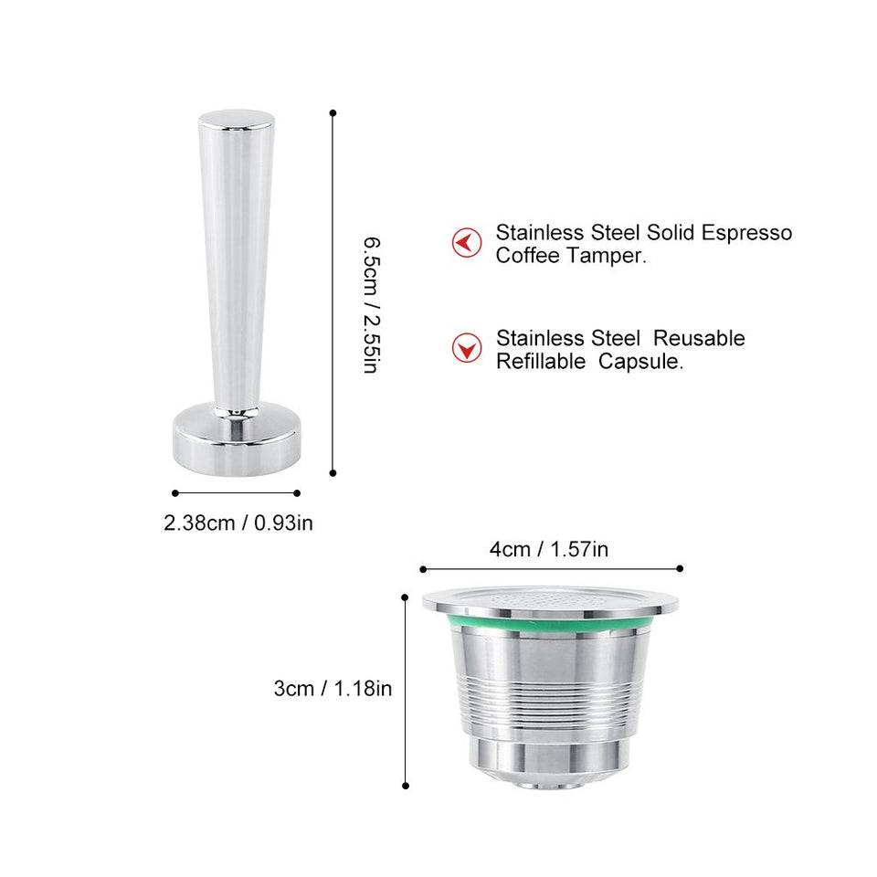Kit Prensador de Café para Nespresso Máquina de Café de Acero Inoxidable + Cápsula Recargable de Máquina Café Nespresso en Acero Inoxidable + Cuchara de Medición