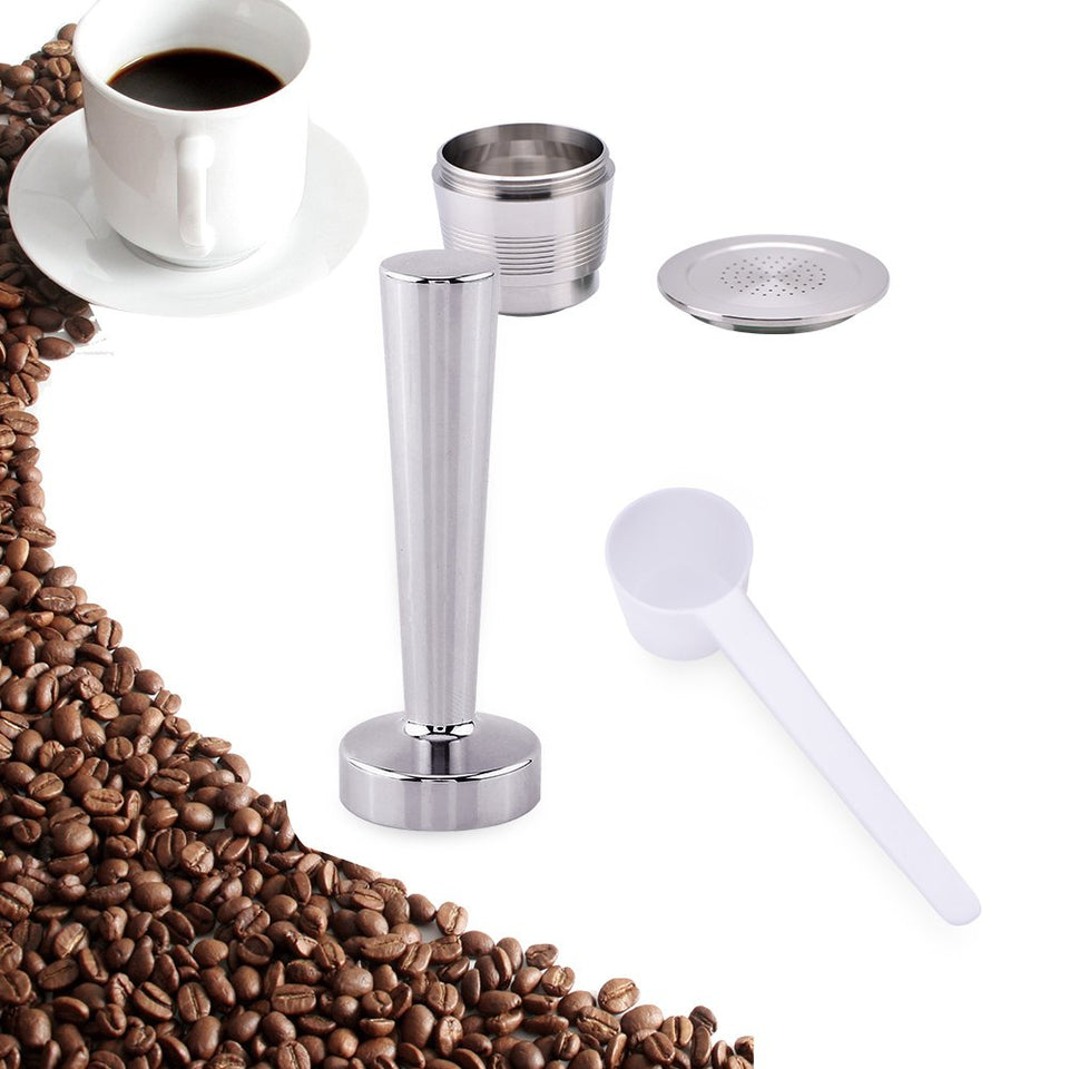 Kit Prensador de Café para Nespresso Máquina de Café de Acero Inoxidable + Cápsula Recargable de Máquina Café Nespresso en Acero Inoxidable + Cuchara de Medición