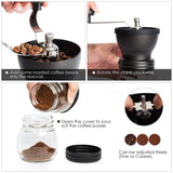 Manual Molinillo de Café - Manivela de Mano Molinillo con Ajustable Cerámica Burr de Carburo/Dos Tarros de Vidrio Transparente/Mango de Acero Inoxidable y Cubierta de Silicona - Portátil para Viajes Camping Trabajo Oficina | Incluye Cuchara de Medición