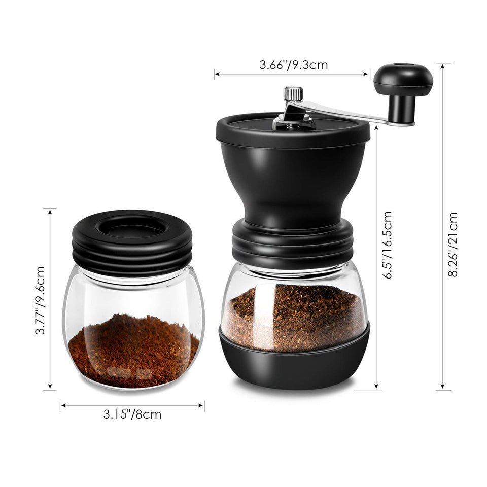 Manual Molinillo de Café - Manivela de Mano Molinillo con Ajustable Cerámica Burr de Carburo/Dos Tarros de Vidrio Transparente/Mango de Acero Inoxidable y Cubierta de Silicona - Portátil para Viajes Camping Trabajo Oficina | Incluye Cuchara de Medición