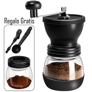 Manual Molinillo de Café - Manivela de Mano Molinillo con Ajustable Cerámica Burr de Carburo/Dos Tarros de Vidrio Transparente/Mango de Acero Inoxidable y Cubierta de Silicona - Portátil para Viajes Camping Trabajo Oficina | Incluye Cuchara de Medición
